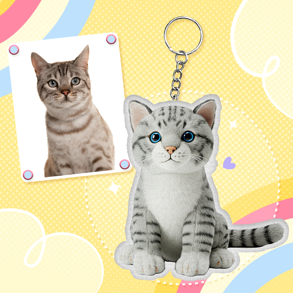 Custom Cat Photo Plush Doll Keychain Personalized Cartoon Mini Me Plush Keychain Gift for Pet Lover