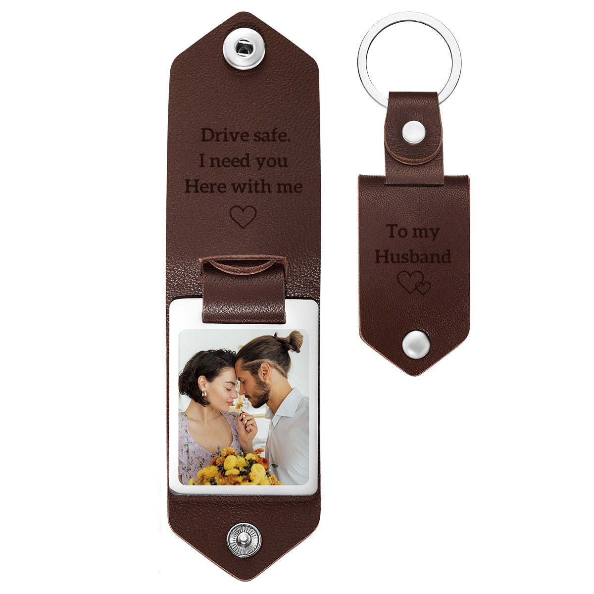 Drive Safe Keychain Christmas Gift Personalized Leather Photo Text Keychain Gift for Boyfriend with Custom Text