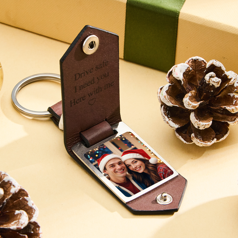 Drive Safe Keychain Christmas Gift Personalized Leather Photo Text Keychain Gift for Boyfriend with Custom Text