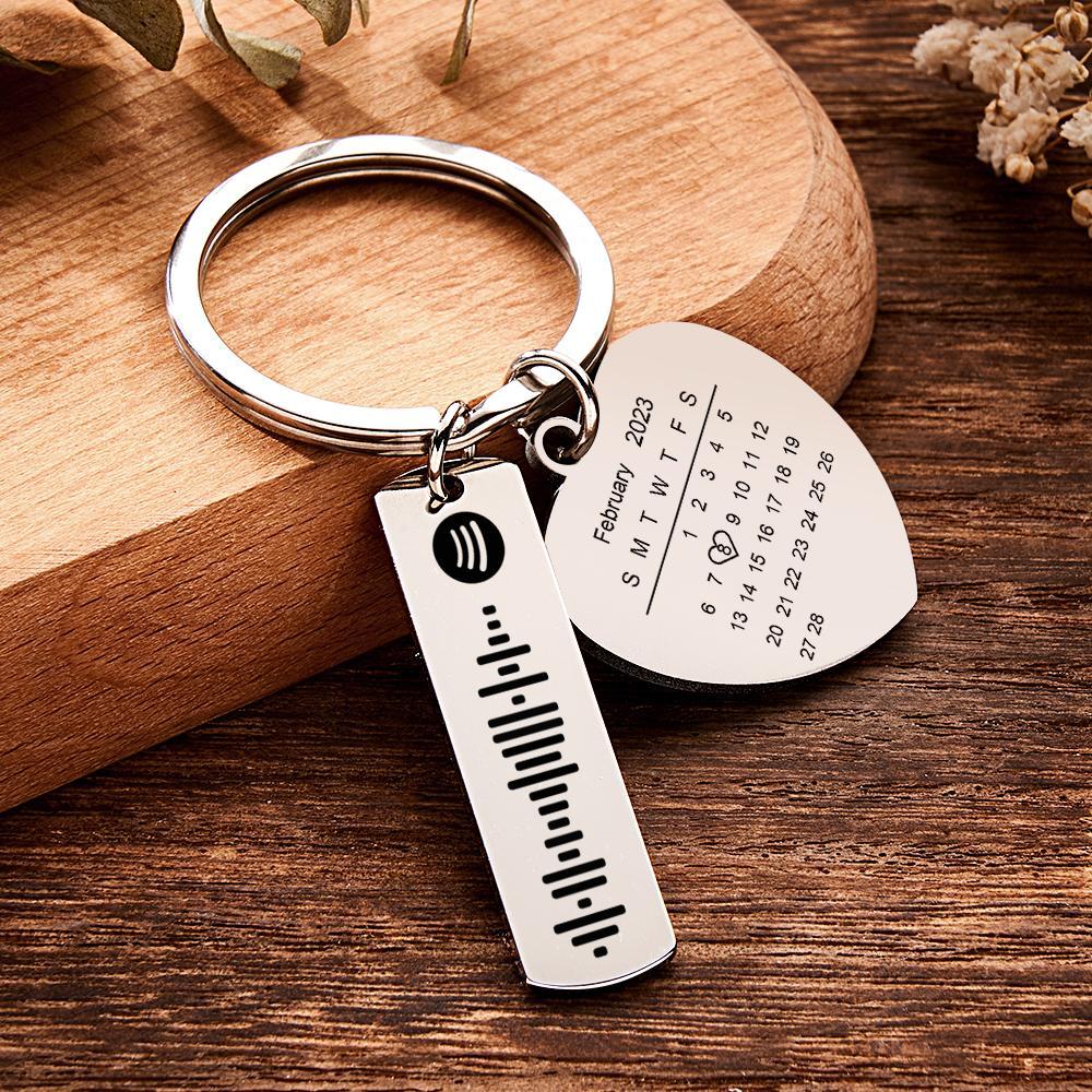 Personalized Calendar Keychain Special Day Significant Photo Heart Square Shape Music Code Metal Keychain Anniversary Gift - Myphotowallet