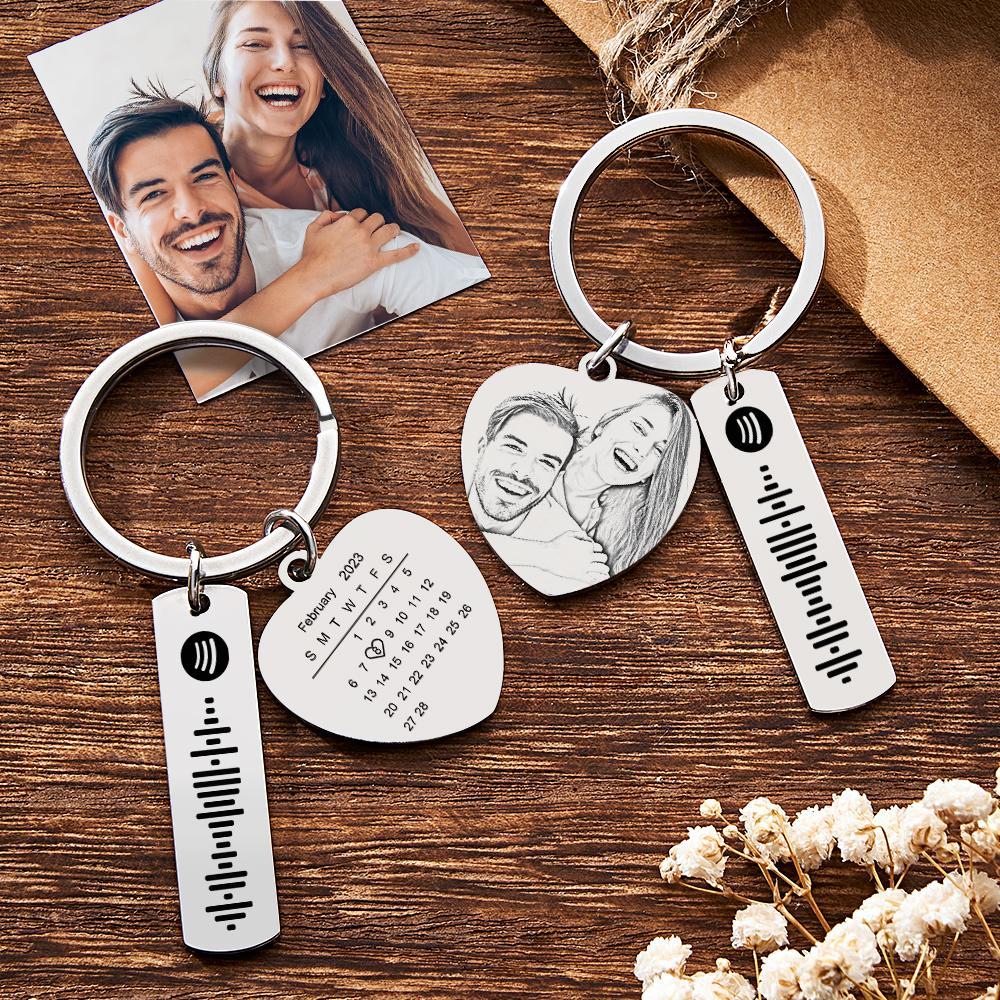 Personalized Calendar Keychain Special Day Significant Photo Heart Square Shape Music Code Metal Keychain Anniversary Gift - Myphotowallet