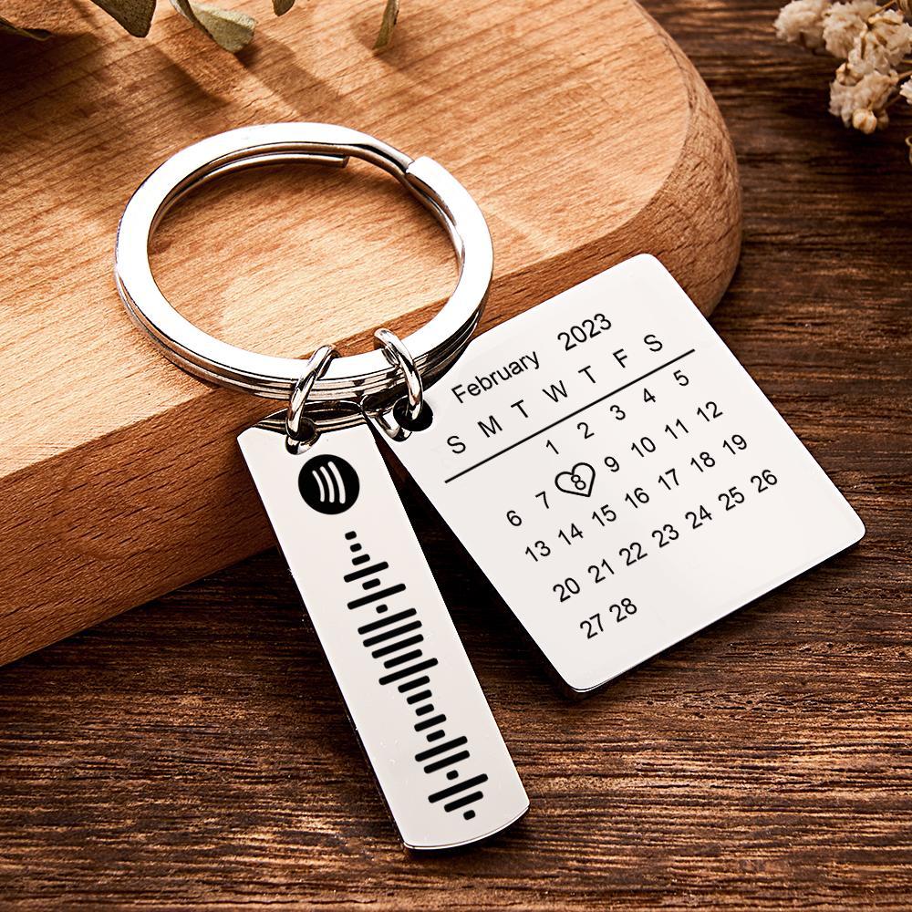 Personalized Calendar Keychain Special Day Significant Photo Heart Square Shape Music Code Metal Keychain Anniversary Gift - Myphotowallet