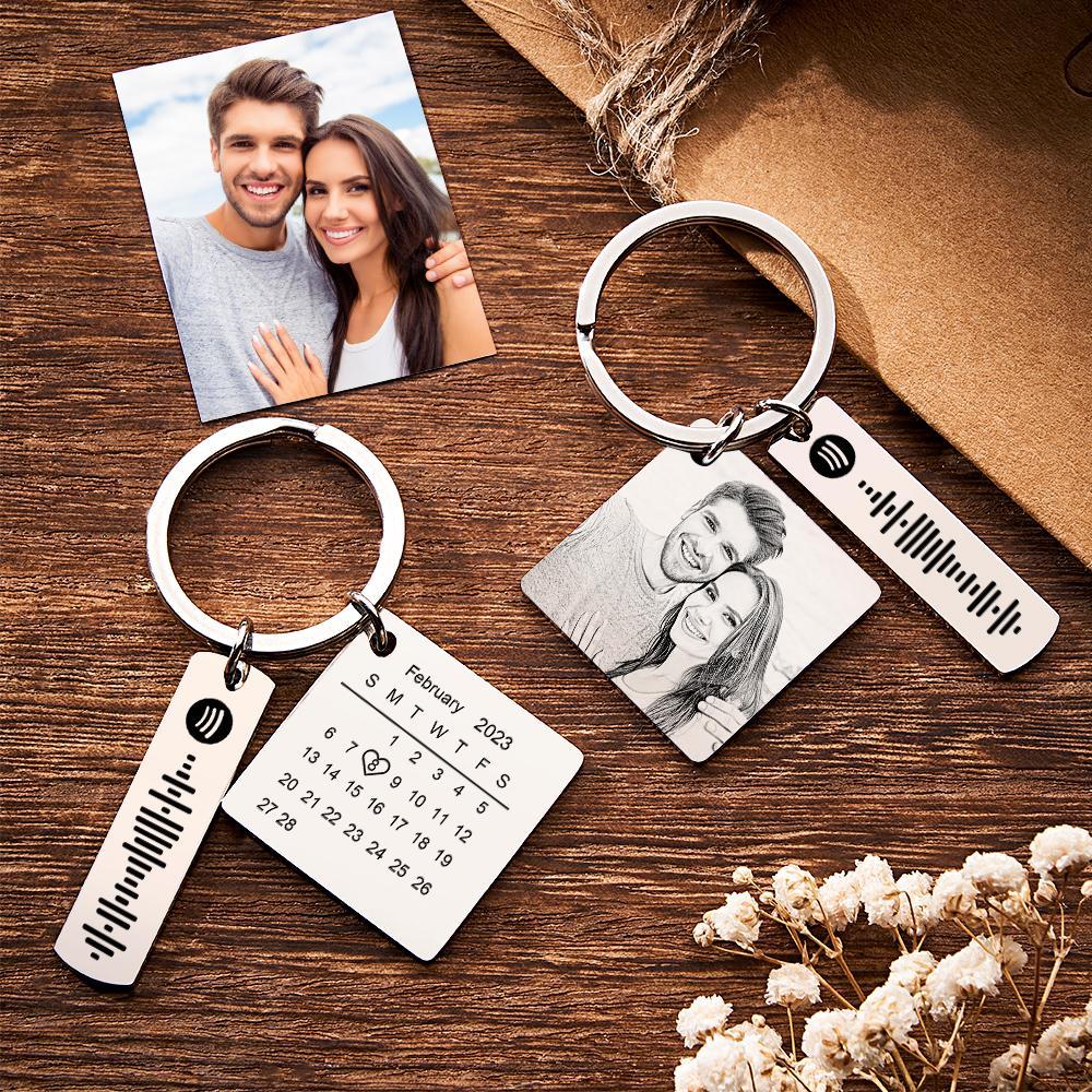 Personalized Calendar Keychain Special Day Significant Photo Heart Square Shape Music Code Metal Keychain Anniversary Gift - Myphotowallet