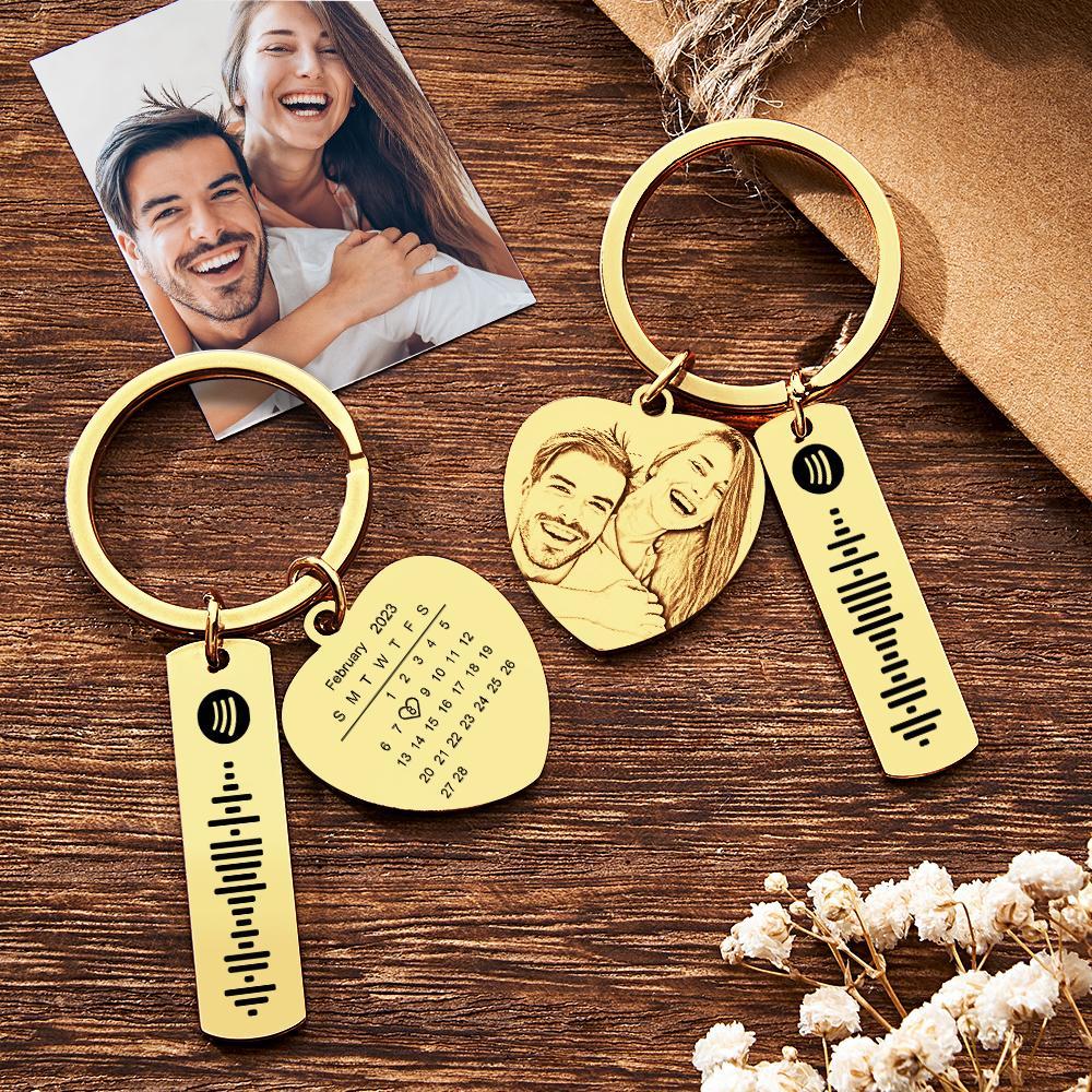 Personalized Calendar Keychain Special Day Significant Photo Heart Square Shape Music Code Metal Keychain Anniversary Gift - Myphotowallet