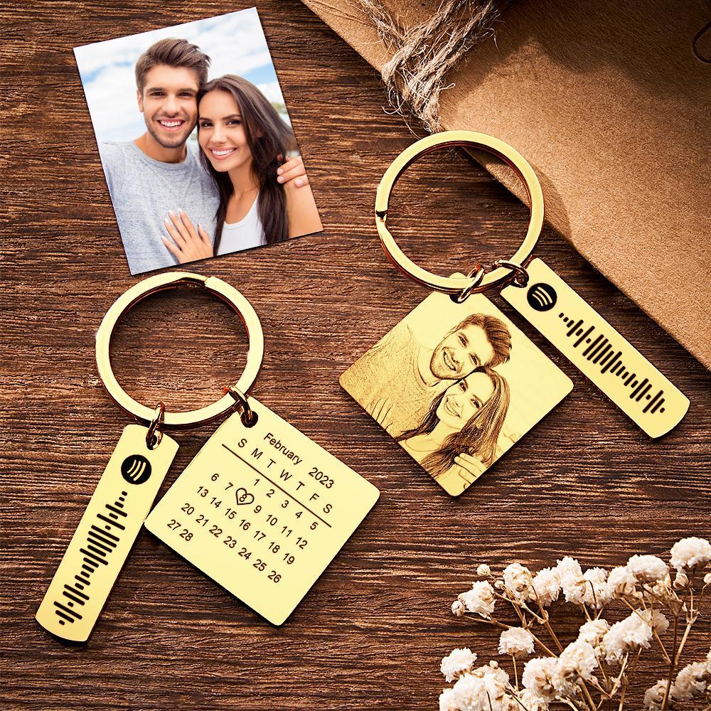 Personalized Calendar Keychain Special Day Significant Photo Heart Square Shape Music Code Metal Keychain Anniversary Gift - Myphotowallet