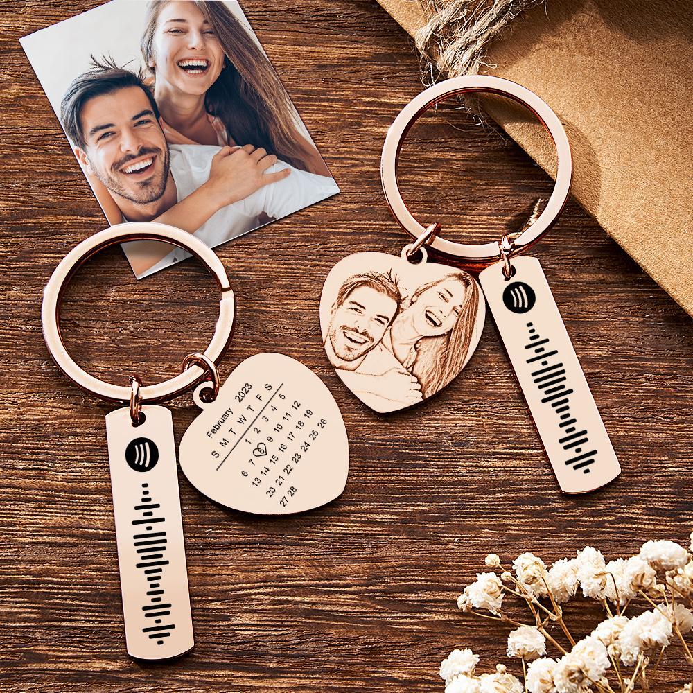 Personalized Calendar Keychain Special Day Significant Photo Heart Square Shape Music Code Metal Keychain Anniversary Gift - Myphotowallet