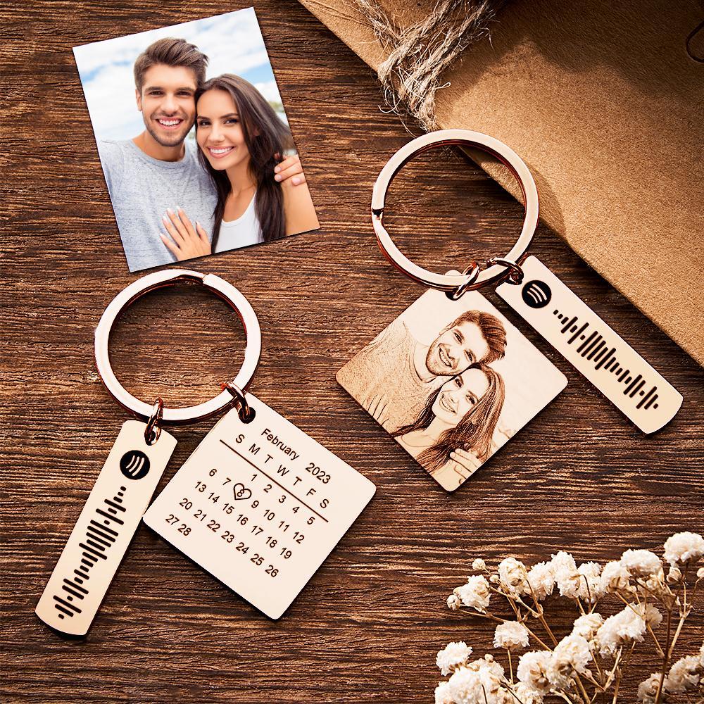 Personalized Calendar Keychain Special Day Significant Photo Heart Square Shape Music Code Metal Keychain Anniversary Gift - Myphotowallet