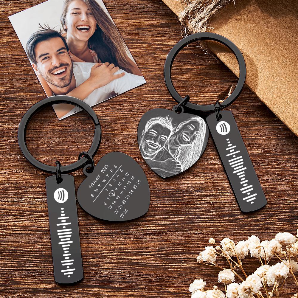 Personalized Calendar Keychain Special Day Significant Photo Heart Square Shape Music Code Metal Keychain Anniversary Gift - Myphotowallet