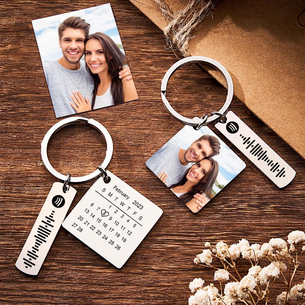 Personalized Calendar Keychain Special Day Significant Photo Heart Square Shape Music Code Metal Keychain Anniversary Gift - Myphotowallet