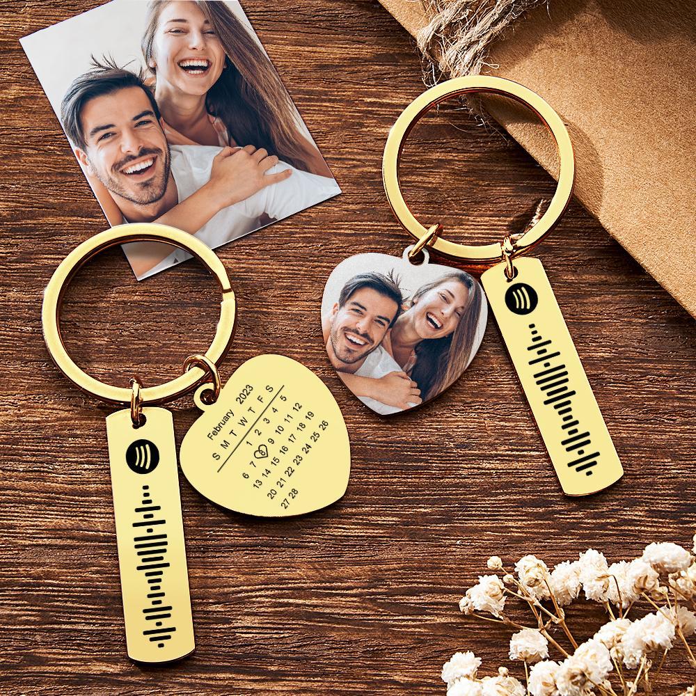 Personalized Calendar Keychain Special Day Significant Photo Heart Square Shape Music Code Metal Keychain Anniversary Gift - Myphotowallet