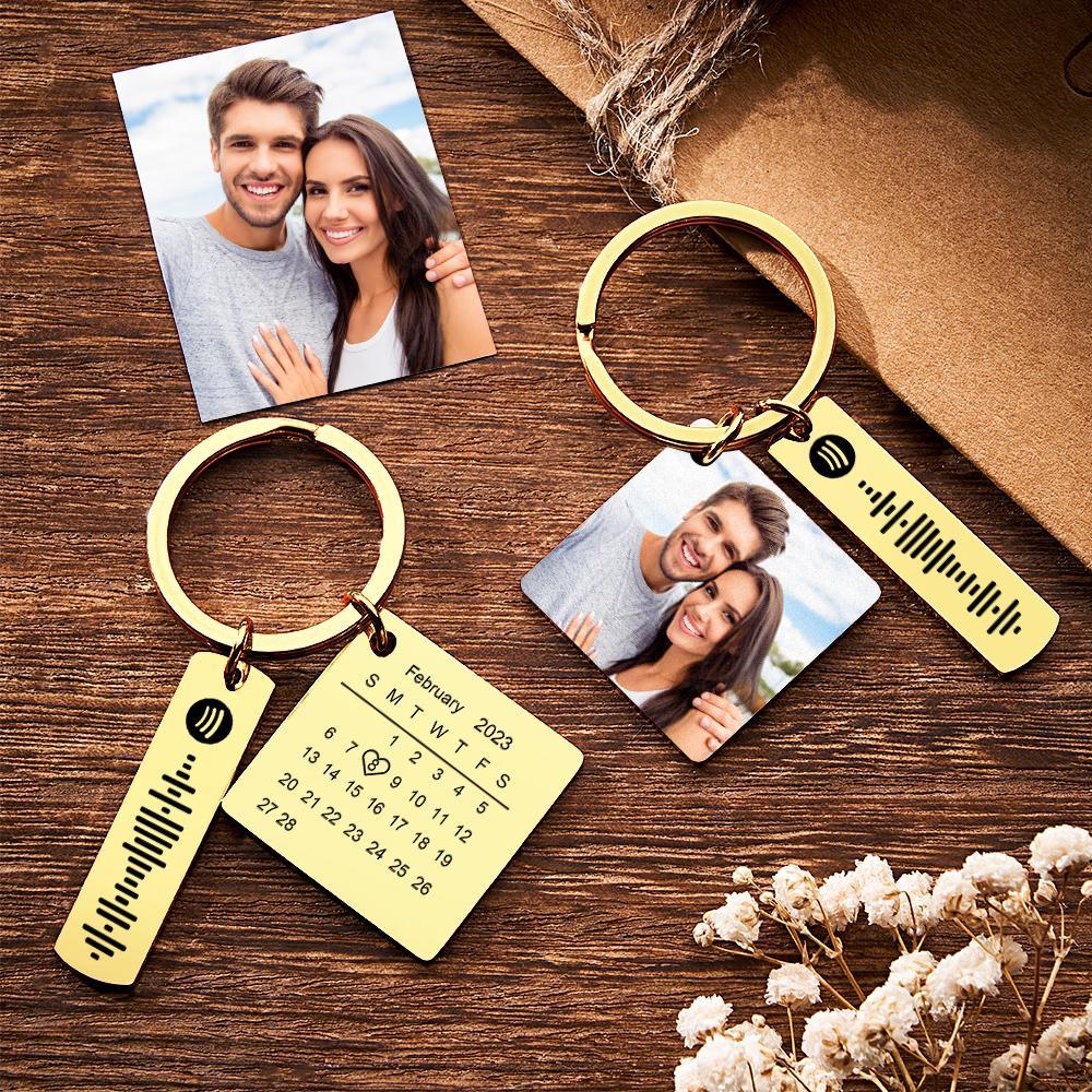 Personalized Calendar Keychain Special Day Significant Photo Heart Square Shape Music Code Metal Keychain Anniversary Gift - Myphotowallet