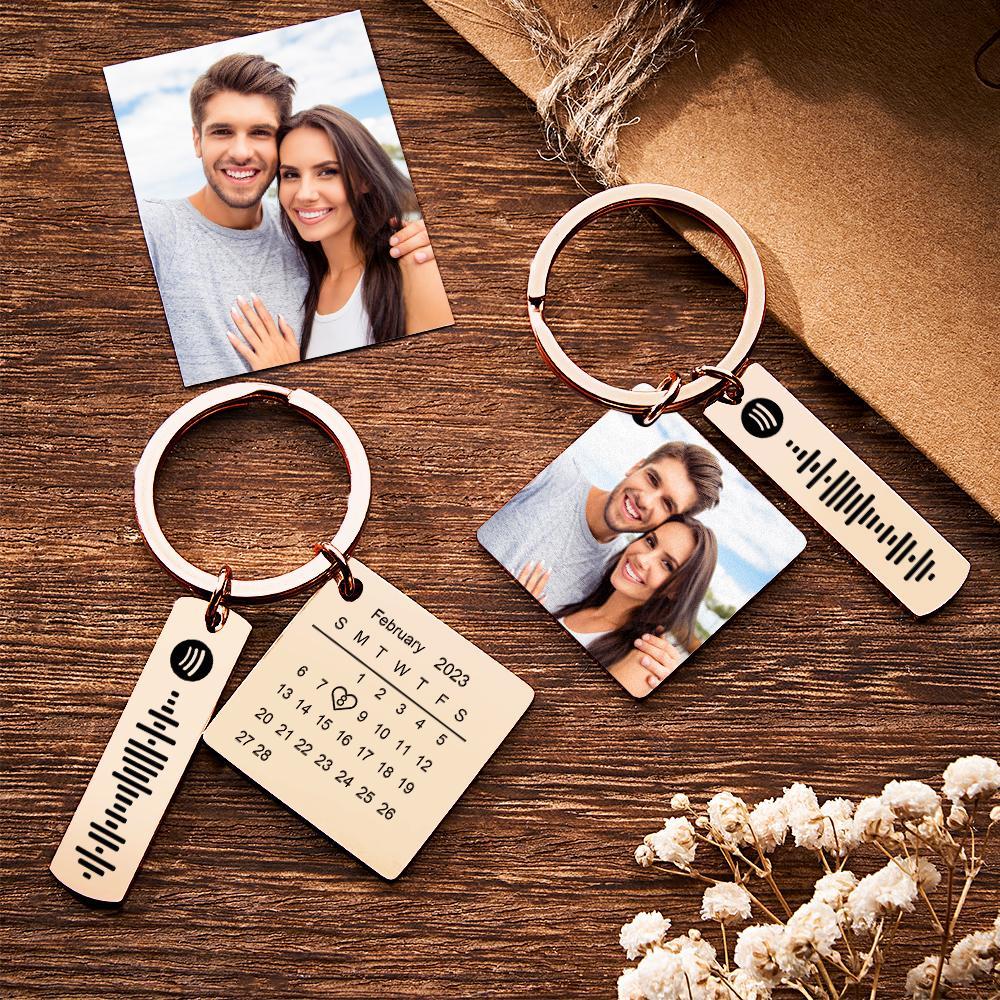 Personalized Calendar Keychain Special Day Significant Photo Heart Square Shape Music Code Metal Keychain Anniversary Gift - Myphotowallet