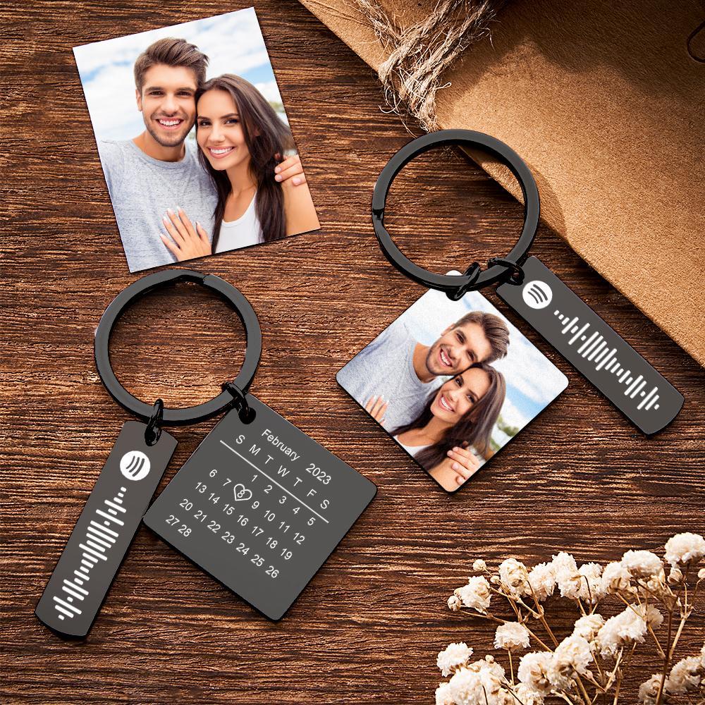 Personalized Calendar Keychain Special Day Significant Photo Heart Square Shape Music Code Metal Keychain Anniversary Gift - Myphotowallet