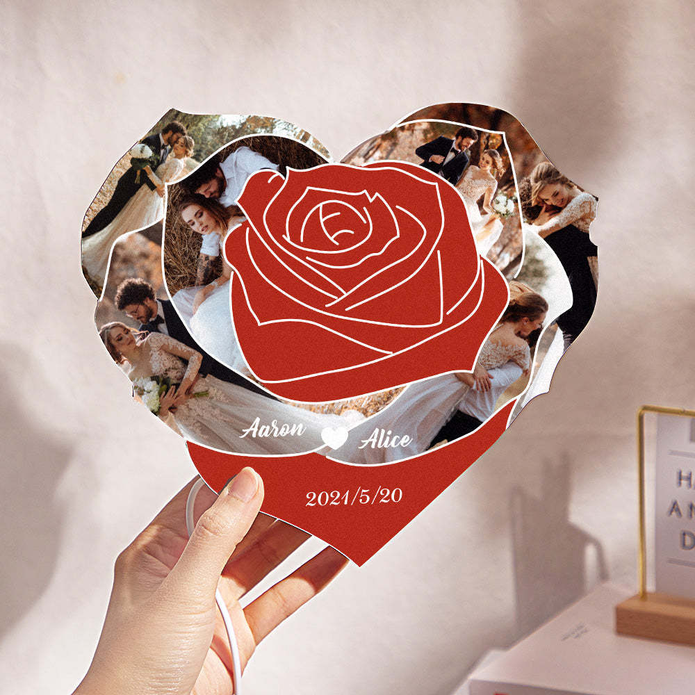 Custom Photo Engraved Night Light Heart Rose Romantic Couple Gifts - Myphotowallet
