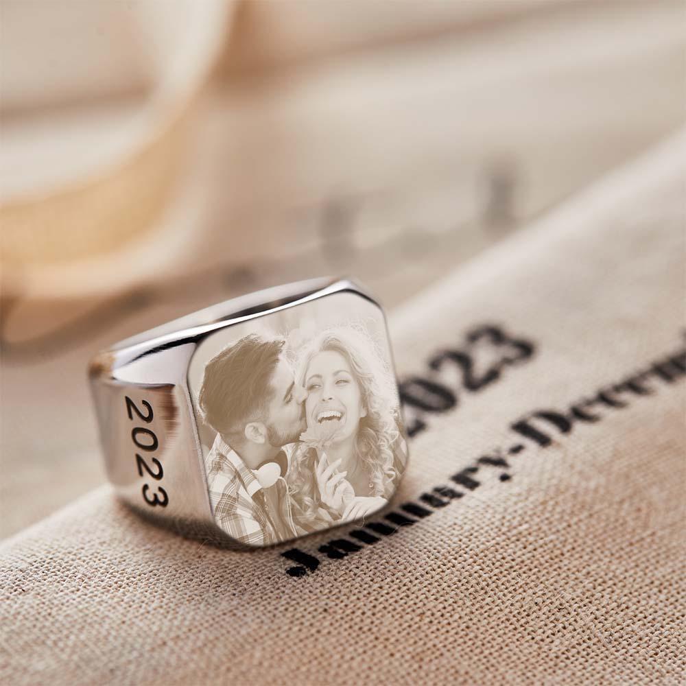 Personalized Photo Square Ring Custom Engraved Ring Gift For Men - Myphotowallet
