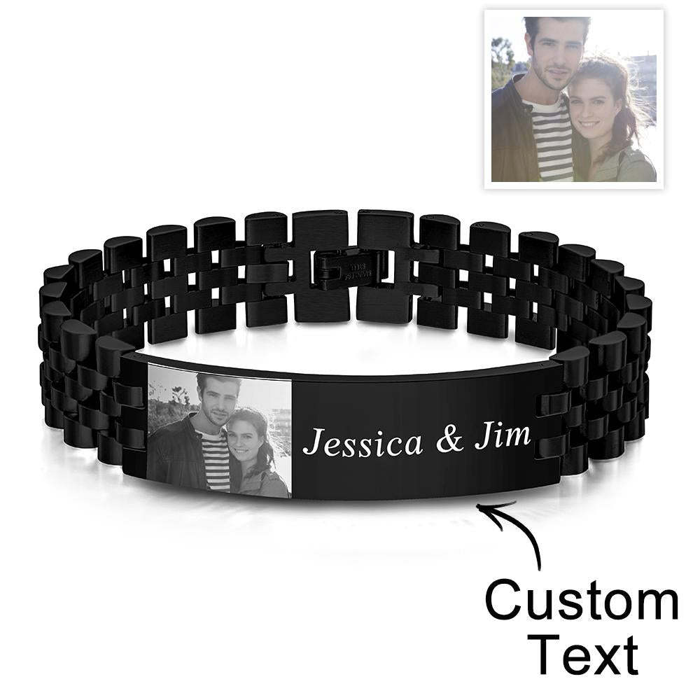 Personalized Photo Wide Bracelet With Text Engraved Vintage Bracelet Gifts For Him - Myphotowallet