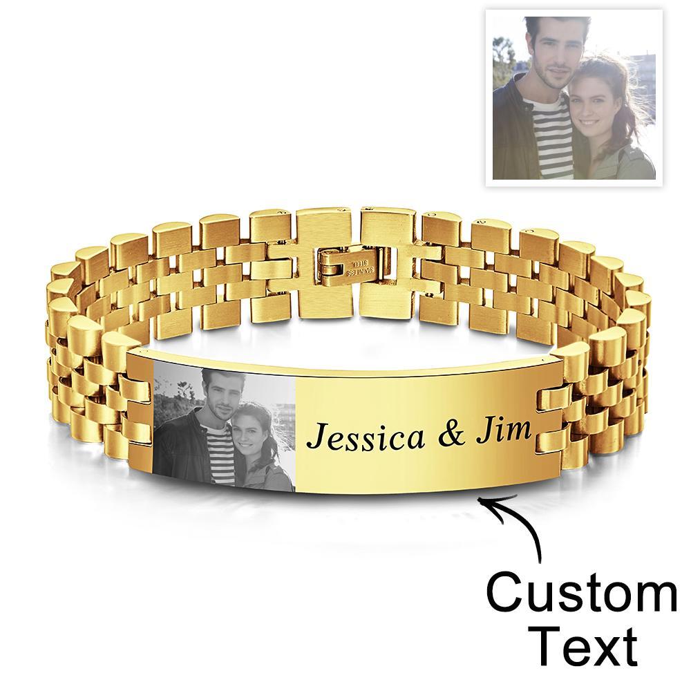 Personalized Photo Wide Bracelet With Text Engraved Vintage Bracelet Gifts For Him - Myphotowallet