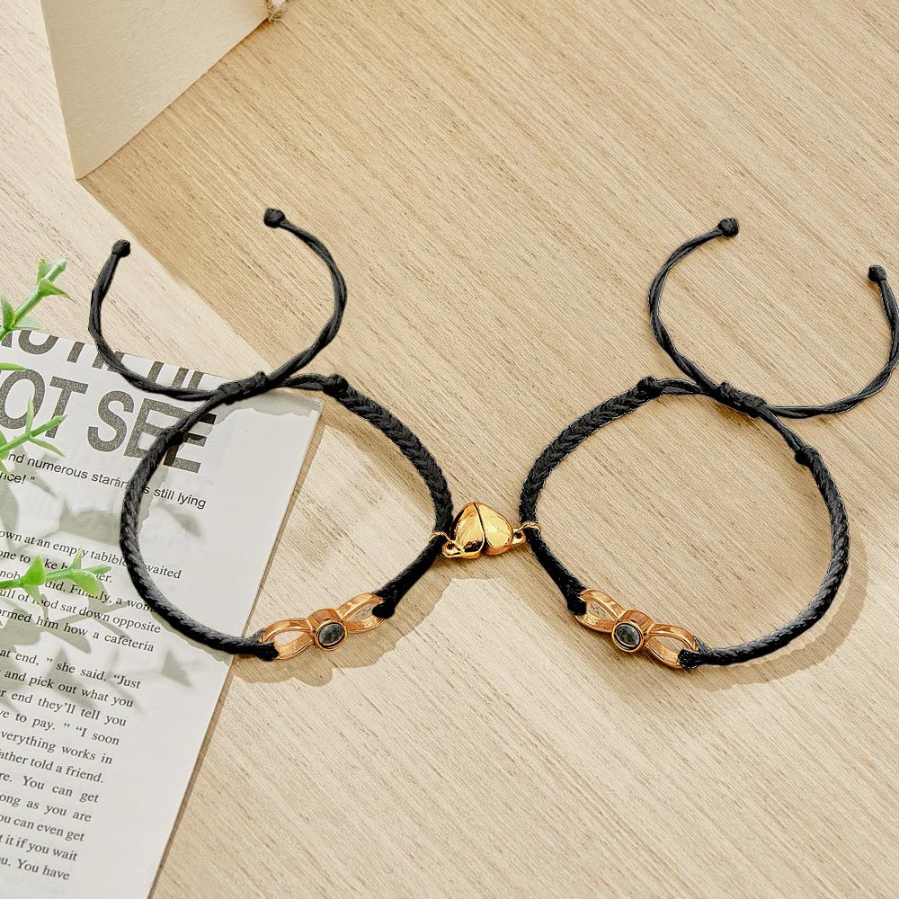 Custom Photo Projection Bracelet Woven Heart Magnetic Bracelet Gift for Couple - 
