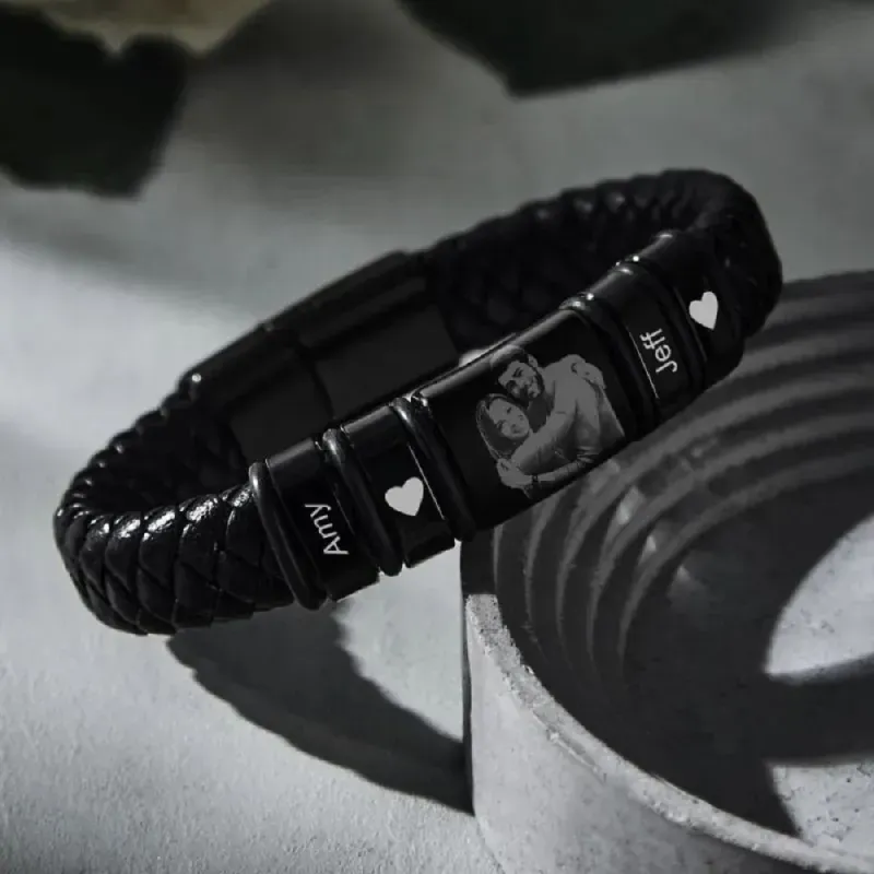 Men's Bracelet Custom Photo Engraved Bracelet Leather Bracelet Gifts for Him