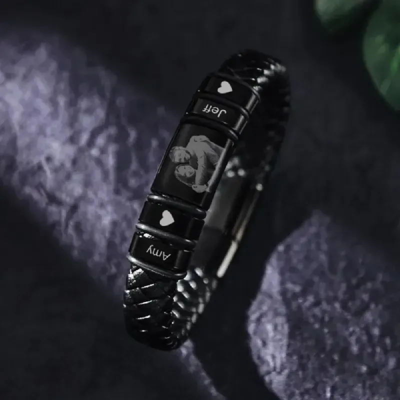 Men's Bracelet Custom Photo Engraved Bracelet Leather Bracelet Gifts for Him