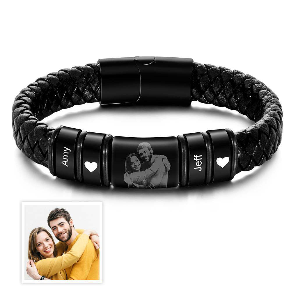 Custom Photo Engraved Bracelet Personalized Leather Men's Bracelet Anniversary Gift