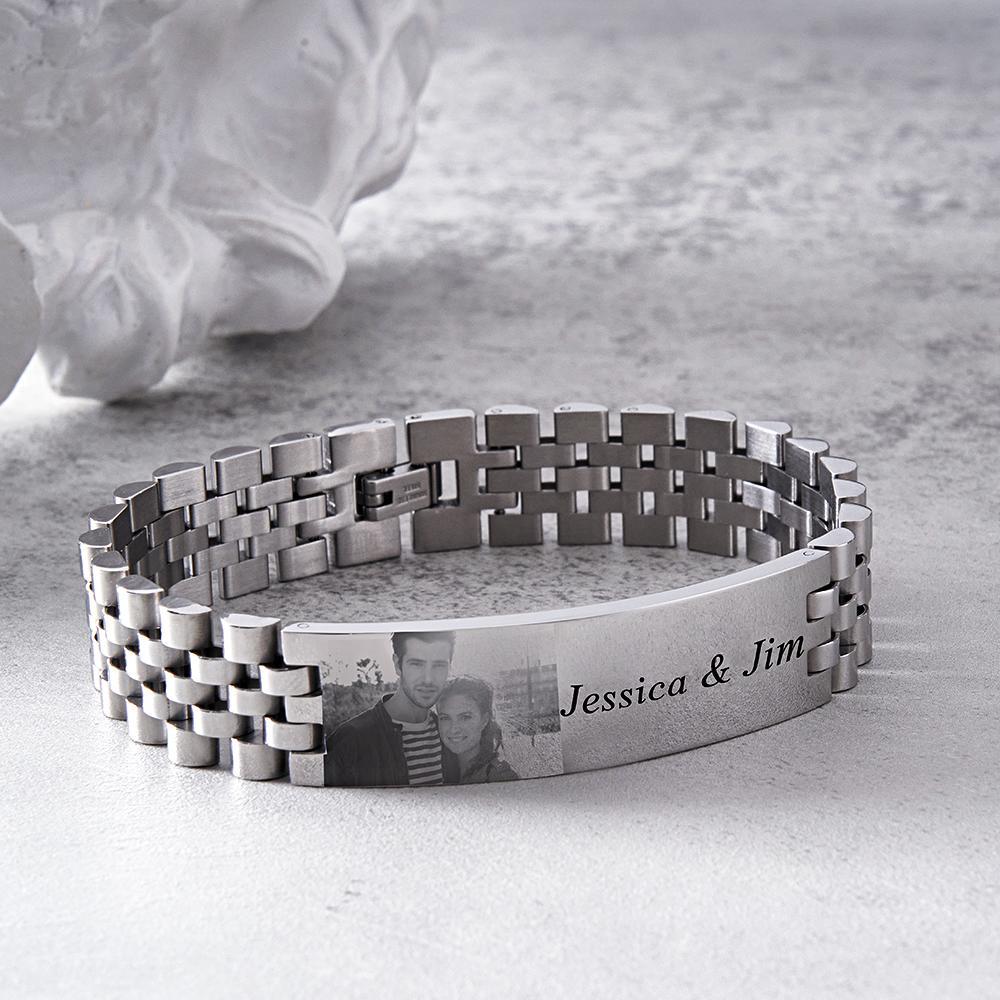 Personalized Photo Wide Bracelet With Text Engraved Vintage Bracelet Gifts For Him - Myphotowallet
