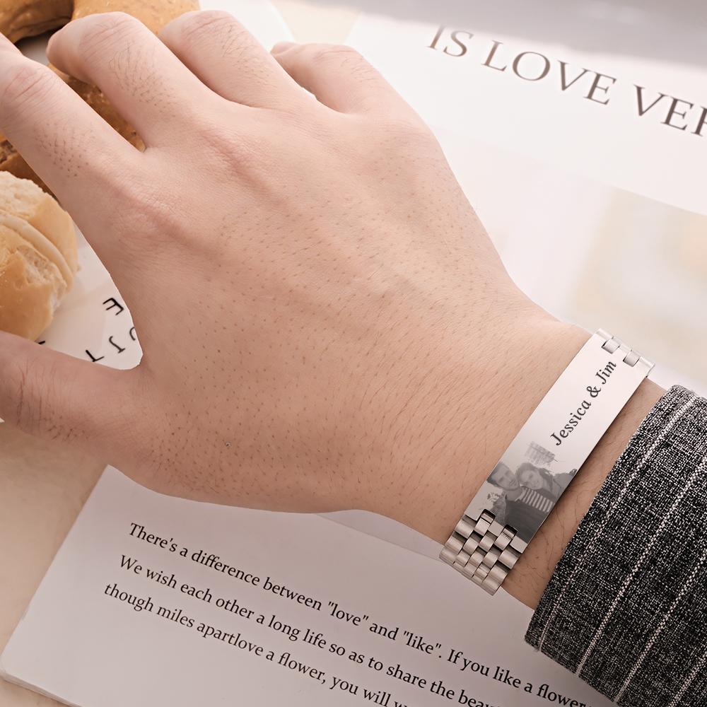 Personalized Photo Wide Bracelet With Text Engraved Vintage Bracelet Gifts For Him - Myphotowallet