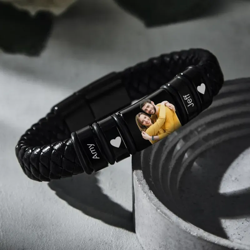 Men's Bracelet Custom Photo Engraved Bracelet Leather Bracelet Gifts for Him