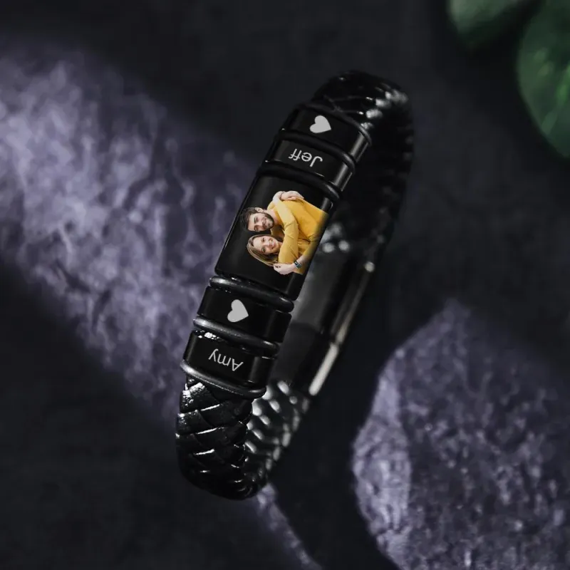Men's Bracelet Custom Photo Engraved Bracelet Leather Bracelet Gifts for Him