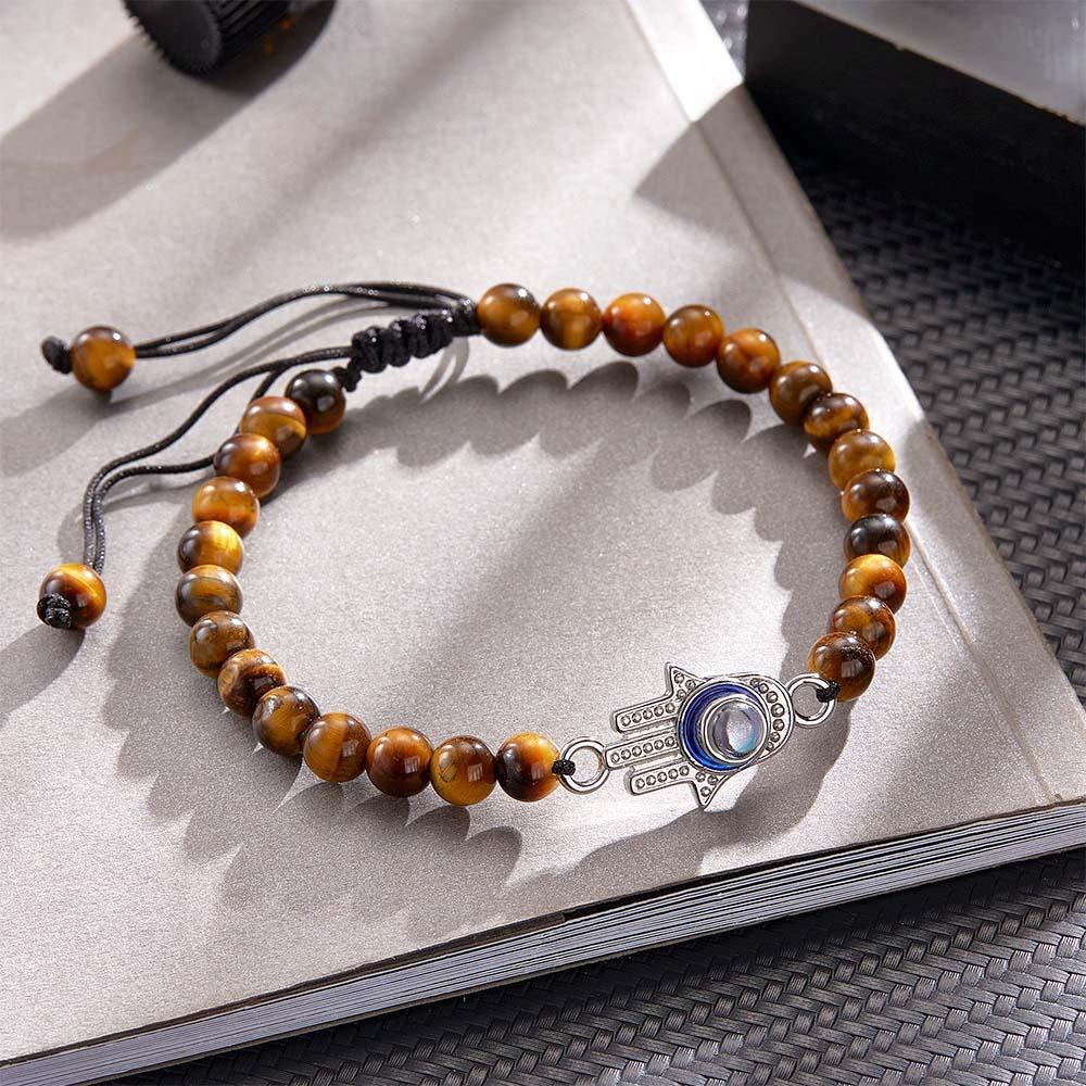 Custom Photo Projection Bracelet Tiger Eye Beaded Hamsa Evil Eye Men's Amulet Bracelet for Him - 