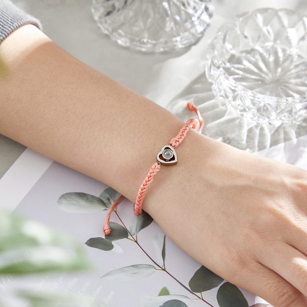 Custom Heart-shaped Photo Projection Bracelet Braided Rope Bracelet Anniversary Gift - 