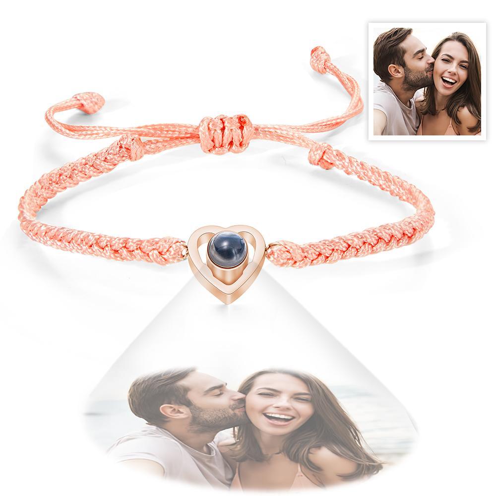Custom Heart-shaped Photo Projection Bracelet Braided Rope Bracelet Anniversary Gift - 