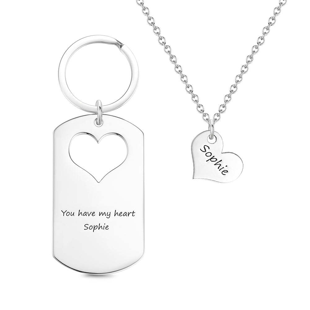 Custom Engraved Couple Keychain and Necklace Set - Heart Dog Tag