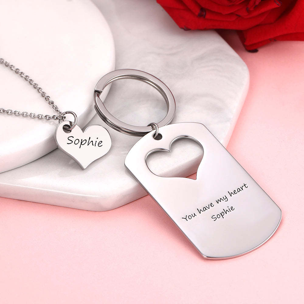 Custom Engraved Couple Keychain and Necklace Set - Heart Dog Tag