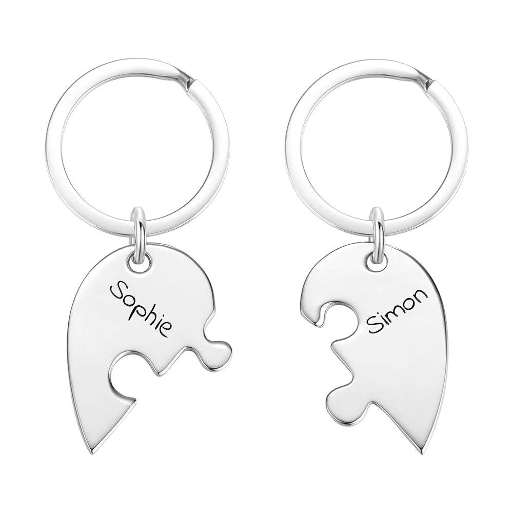 Custom Engraved Heart Puzzle Couple Keychain Set