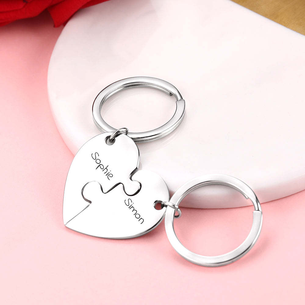 Custom Engraved Heart Puzzle Couple Keychain Set