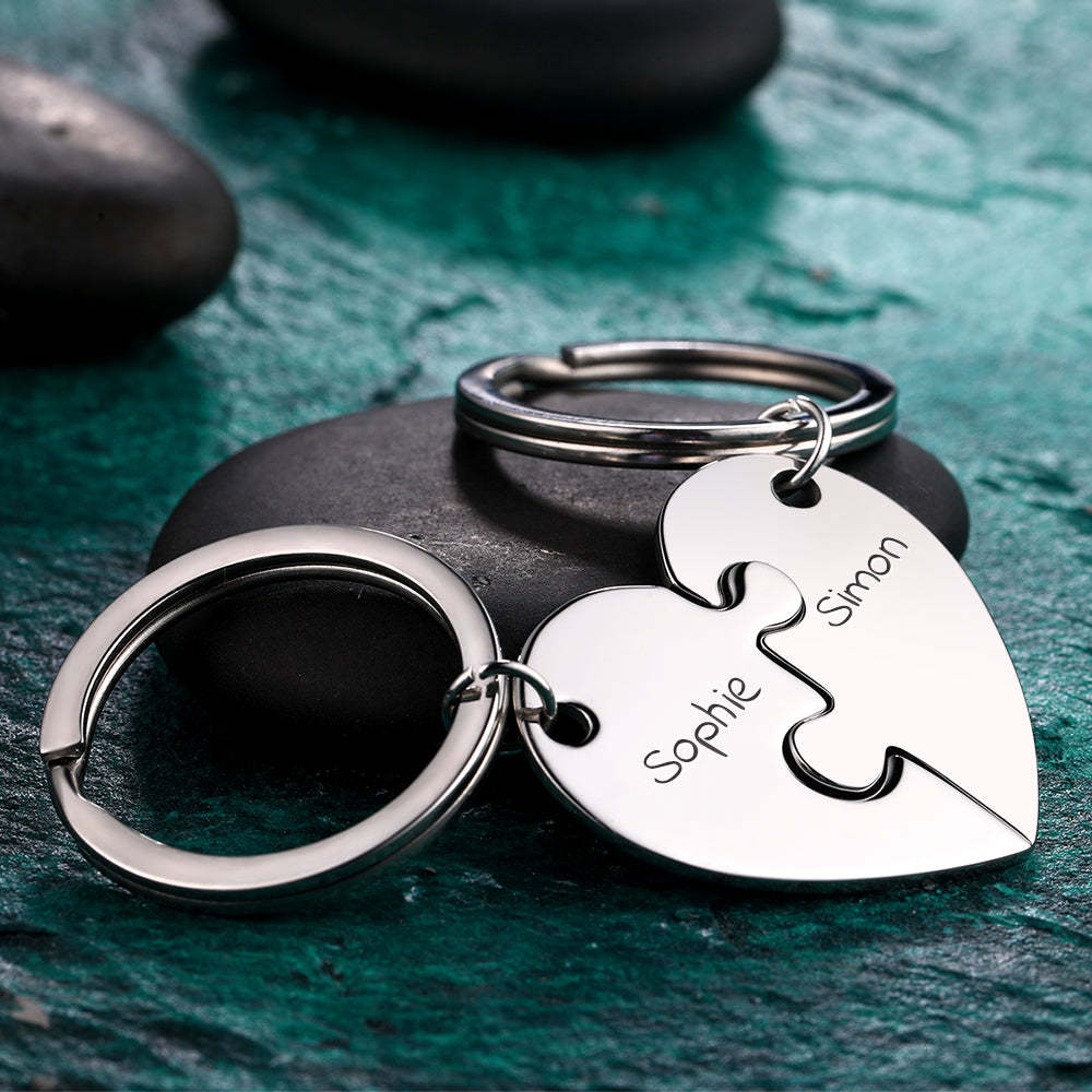 Custom Engraved Heart Puzzle Couple Keychain Set
