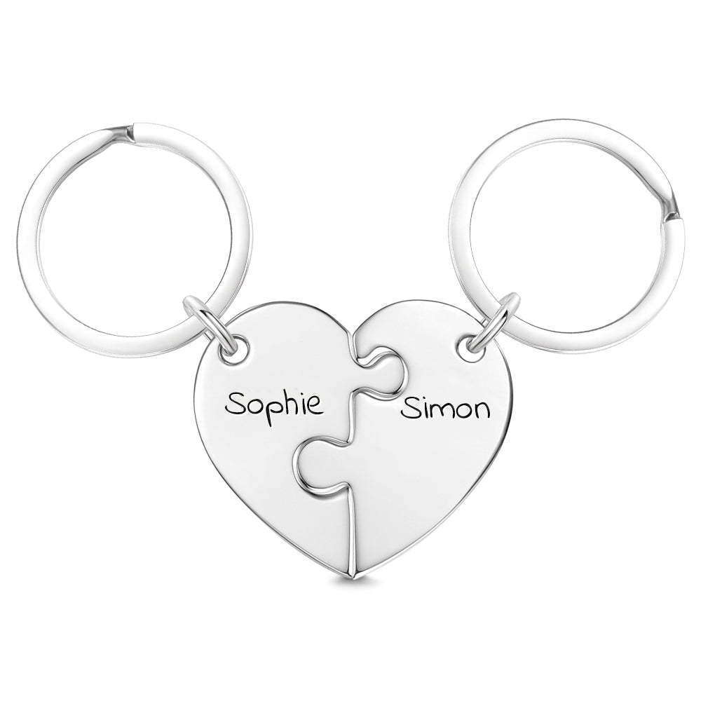 Custom Engraved Heart Puzzle Couple Keychain Set