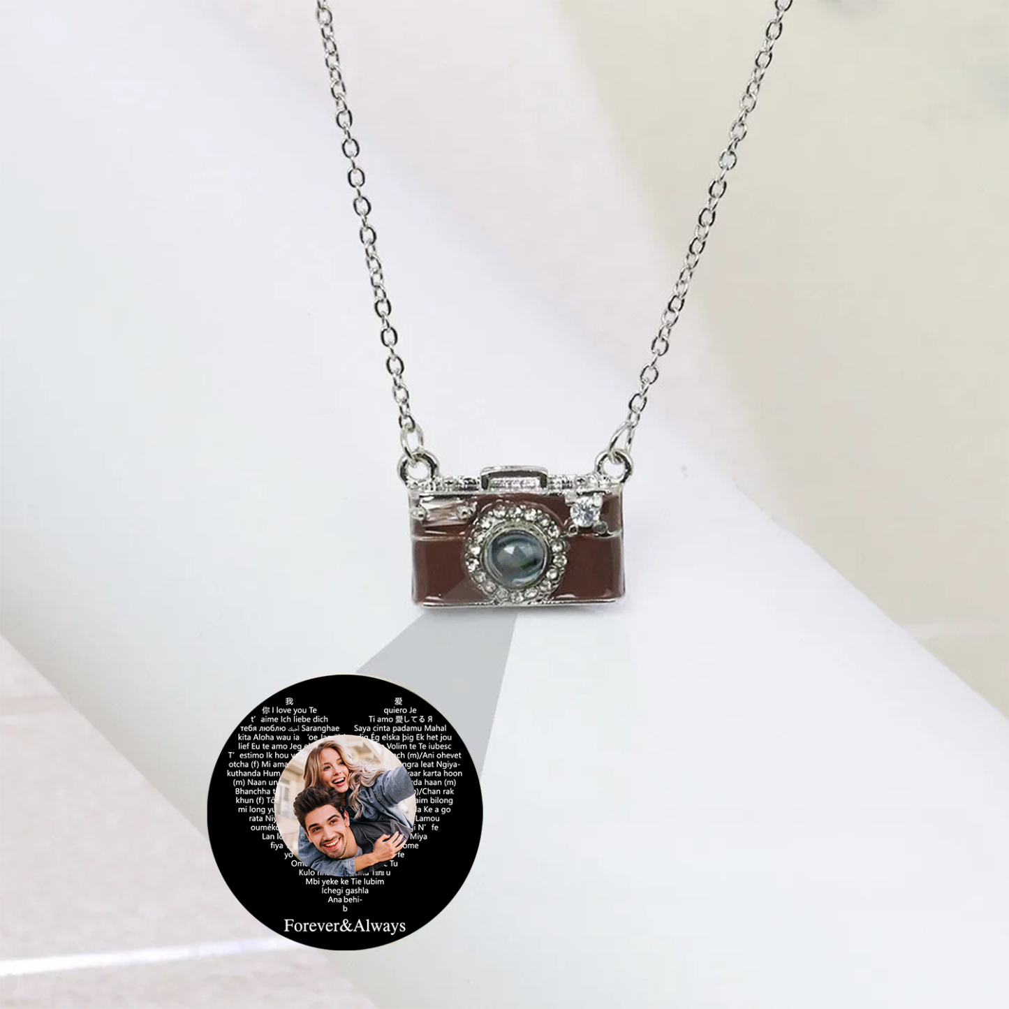 Personalized Photo Necklace I Love You 100 Languages Projection Gem Camera Necklace Anniversary Gifts for Her - 