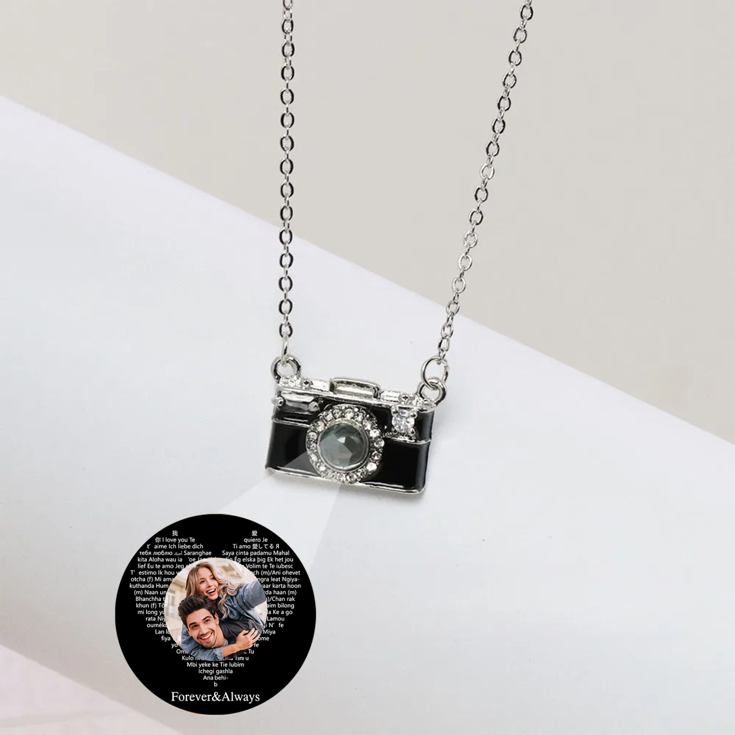 Personalized Photo Necklace I Love You 100 Languages Projection Gem Camera Necklace Anniversary Gifts for Her - 