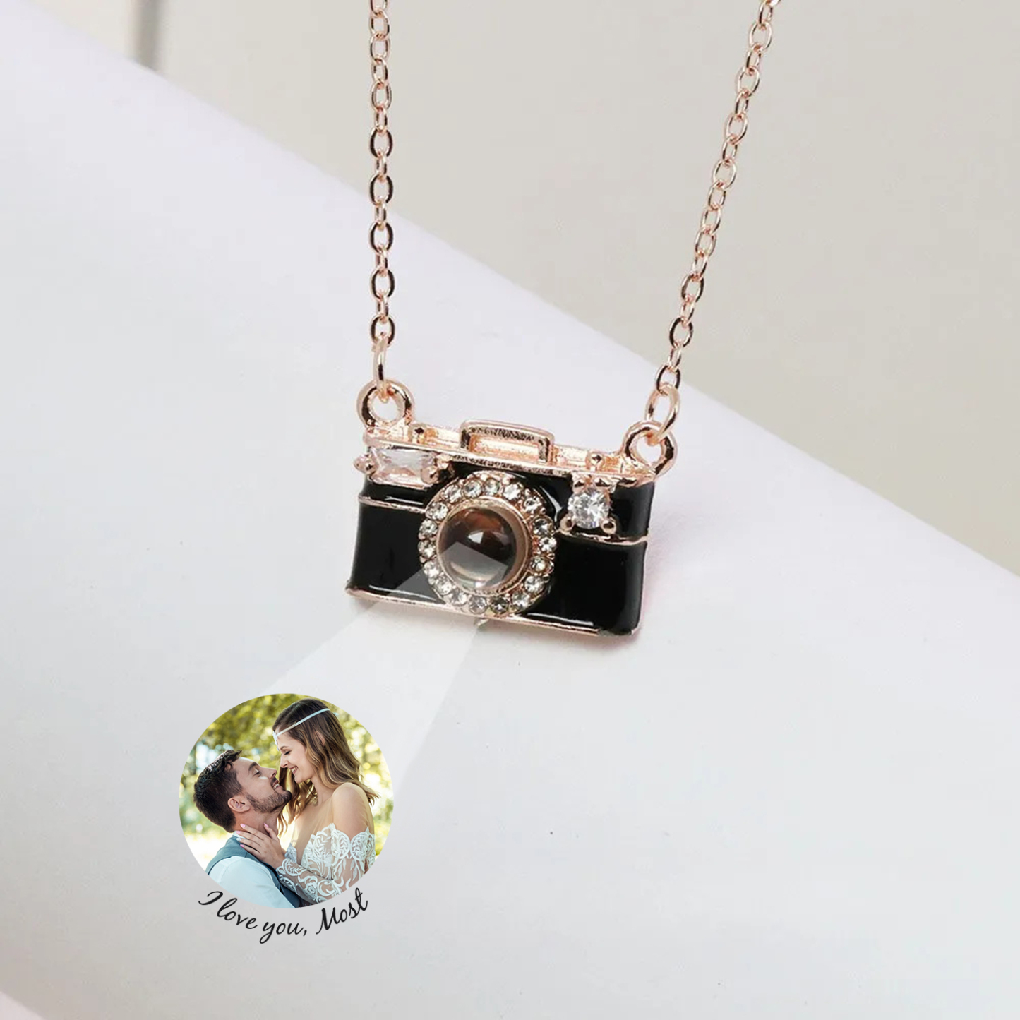Personalized Photo Necklace I Love You 100 Languages Projection Gem Camera Necklace Anniversary Gifts for Her - 