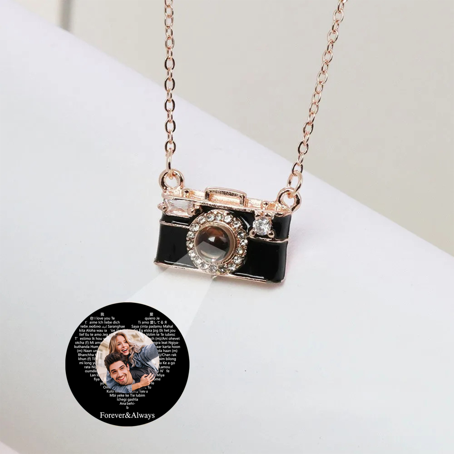 Personalized Photo Necklace I Love You 100 Languages Projection Gem Camera Necklace Anniversary Gifts for Her - 