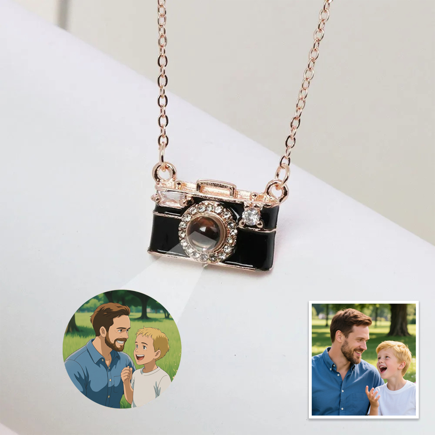 Personalized Photo Necklace Cartoon Style Projection Gem Camera Necklace Anniversary Gifts for Her - 