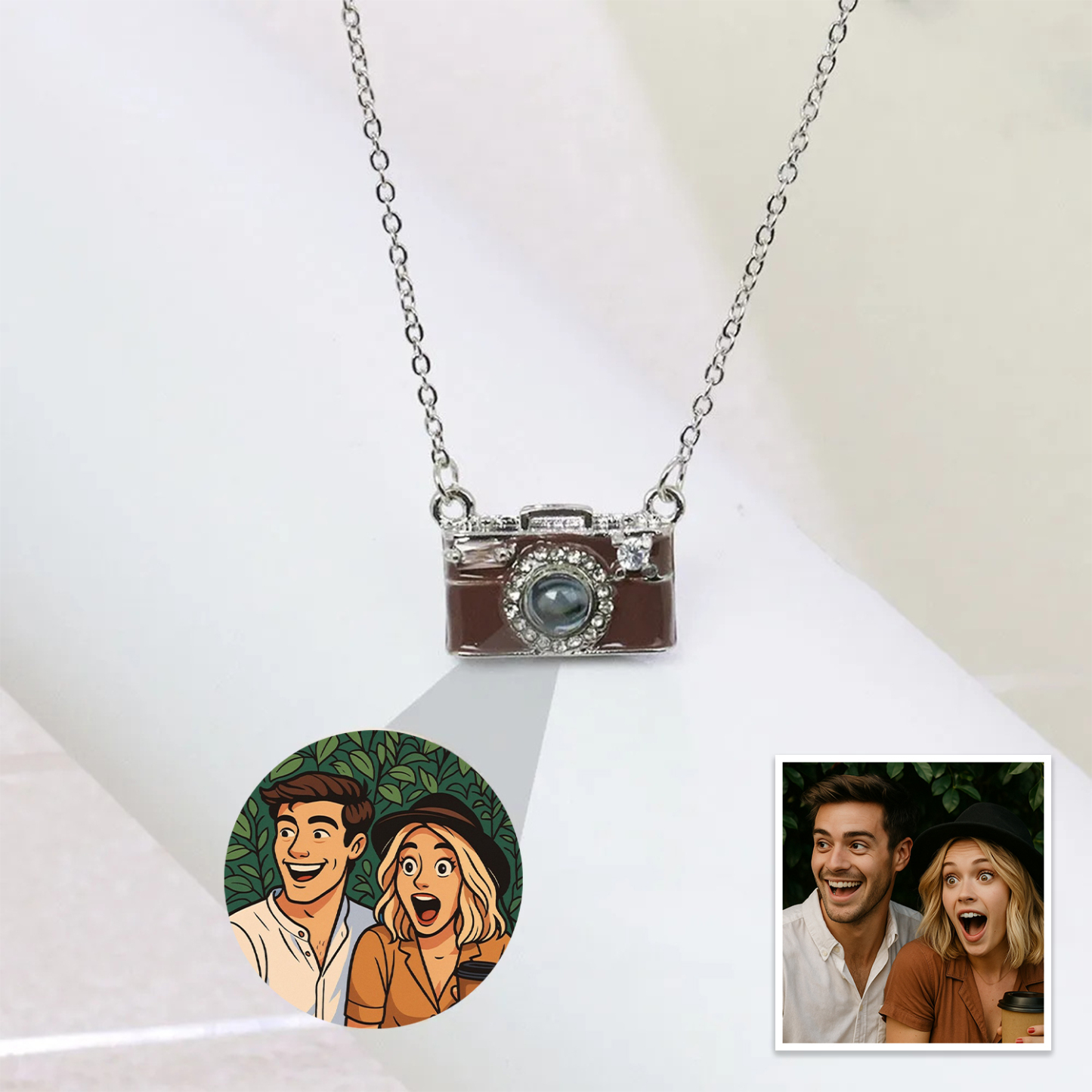 Personalized Photo Necklace Cartoon Style Projection Gem Camera Necklace Anniversary Gifts for Her - 