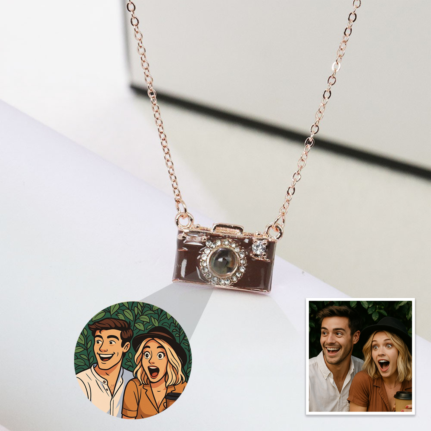 Personalized Photo Necklace Cartoon Style Projection Gem Camera Necklace Anniversary Gifts for Her - 