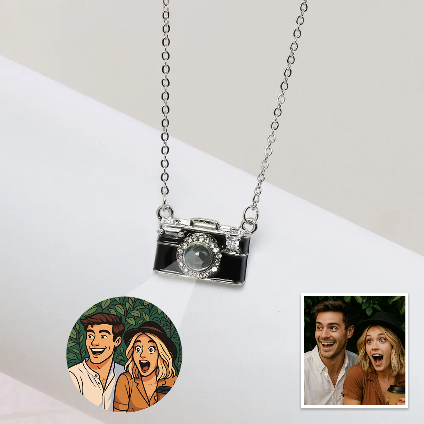 Personalized Photo Necklace Cartoon Style Projection Gem Camera Necklace Anniversary Gifts for Her - 