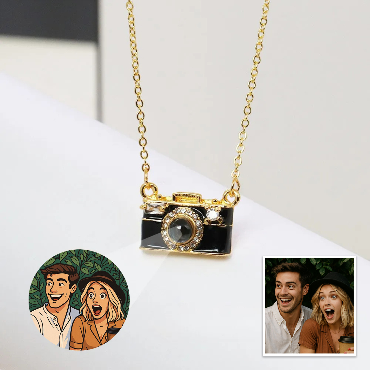 Personalized Photo Necklace Cartoon Style Projection Gem Camera Necklace Anniversary Gifts for Her - 