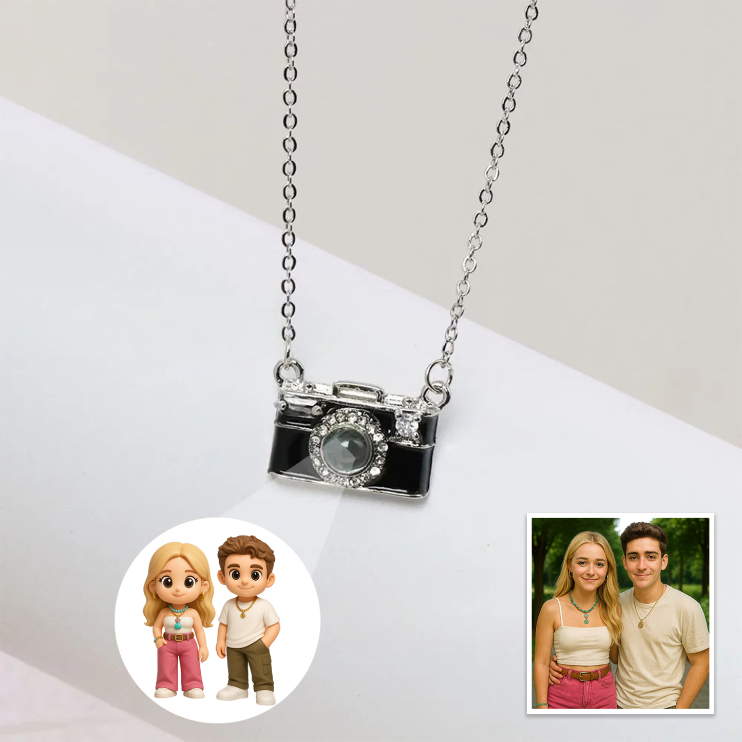 Personalized Photo Necklace Cartoon Style Projection Gem Camera Necklace Anniversary Gifts for Her - 