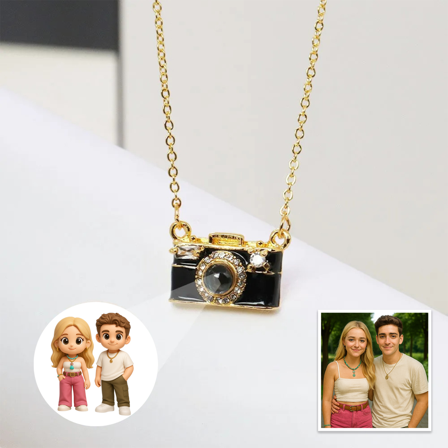 Personalized Photo Necklace Cartoon Style Projection Gem Camera Necklace Anniversary Gifts for Her - 