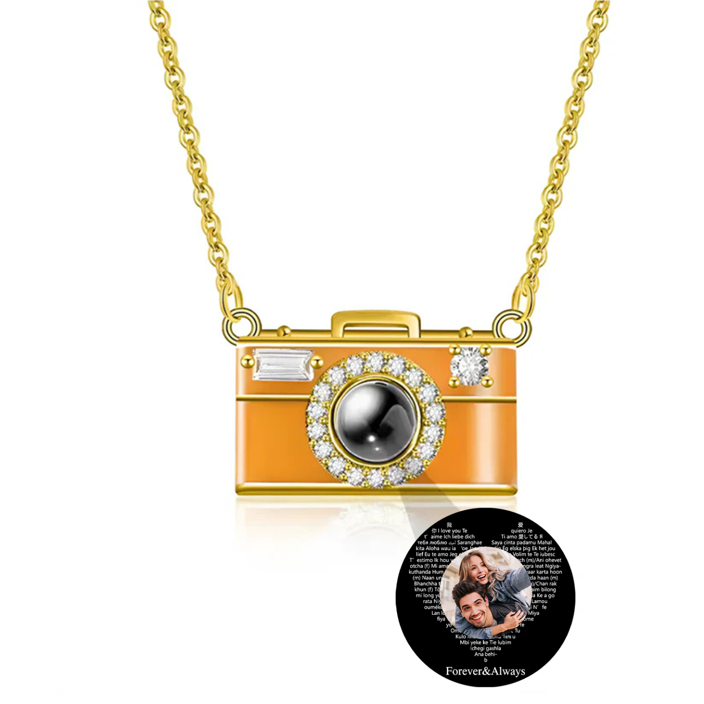 Personalized Photo Necklace I Love You 100 Languages Projection Gem Camera Necklace Anniversary Gifts for Her - 
